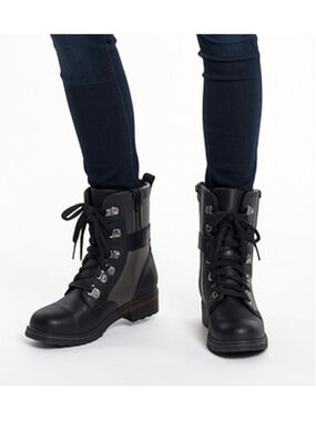 Sorel Major Carly Black Leather Canvas Moto Combat Boots Womens Size 6.5